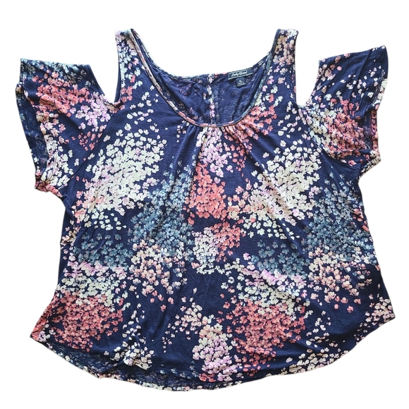 Lucky Brand Floral Cold Shoulder Navy Boho Top XL Blouse Flutter Sleeve - Picture 2 of 11